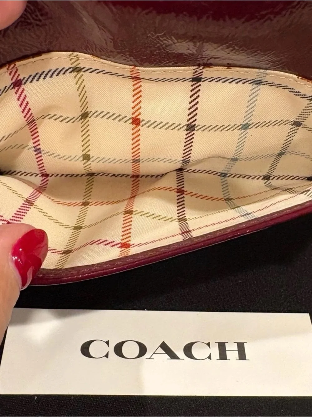 Coach Bleecker Crimson Red Patent Leather Wallet w/Tattersall plaid fabric